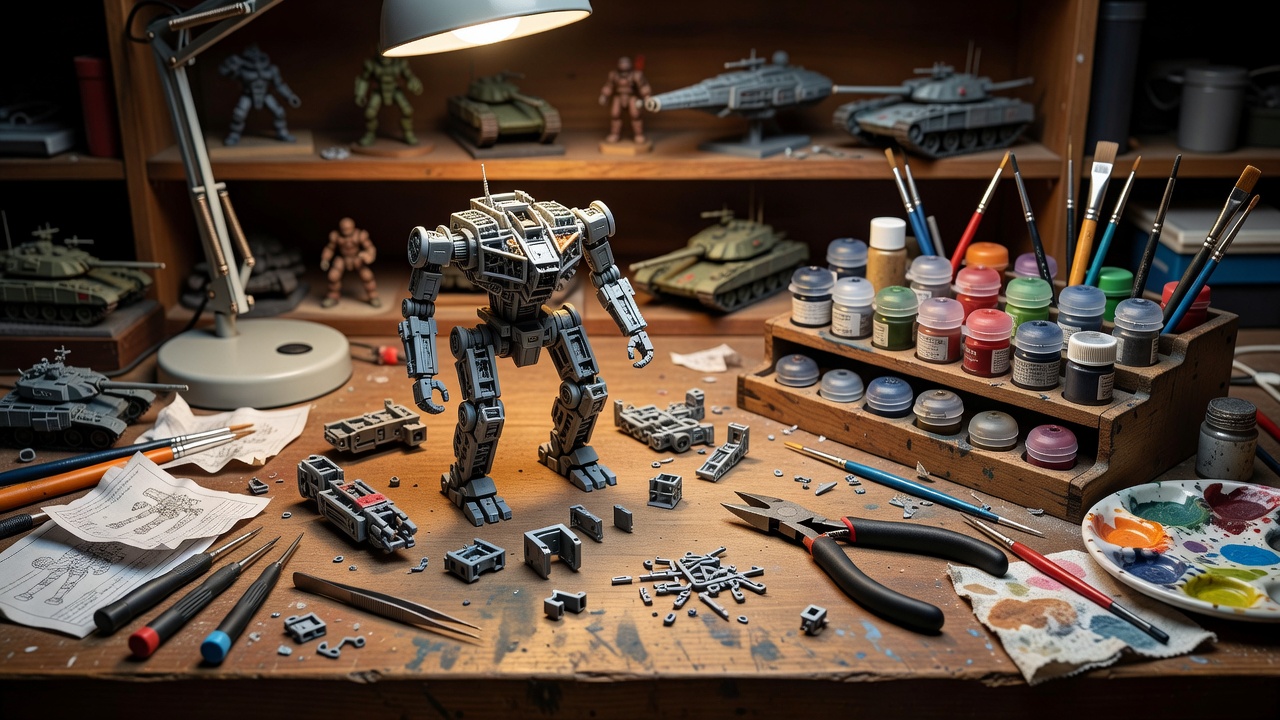 A workbench featuring a partially assembled model kit alongside hobby nippers and paints