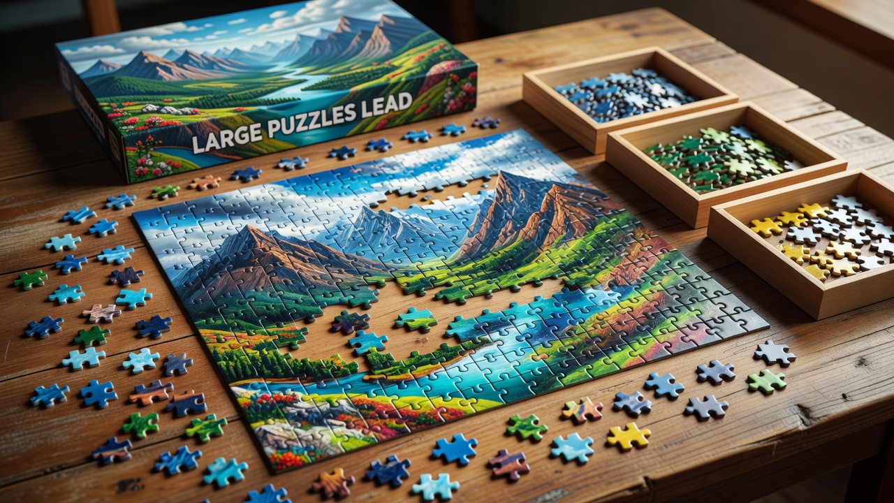 A 1000-piece jigsaw puzzle partially completed on a wooden table with sorting trays nearby