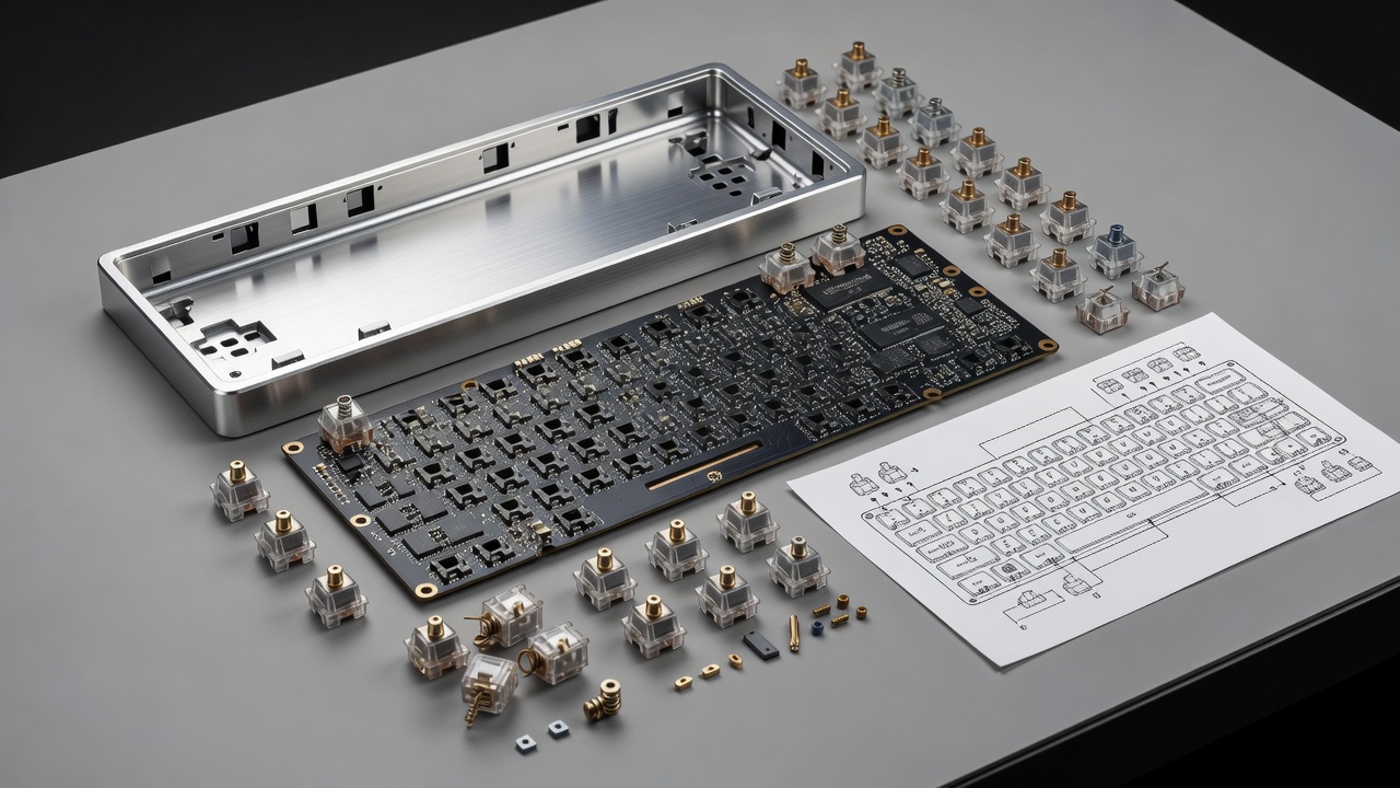 A disassembled mechanical keyboard showing the aluminum case, circuit board, and loose mechanical switches