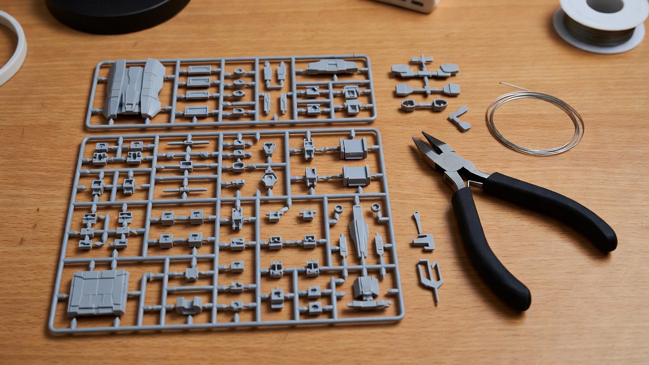 A disassembled plastic model kit with its parts still attached to plastic runners next to a pair of nippers