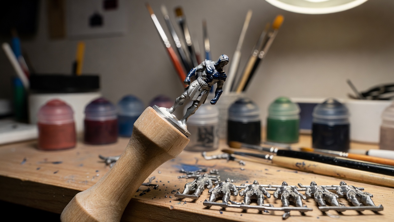 A close-up of a partially painted miniature figure secured to a painting handle