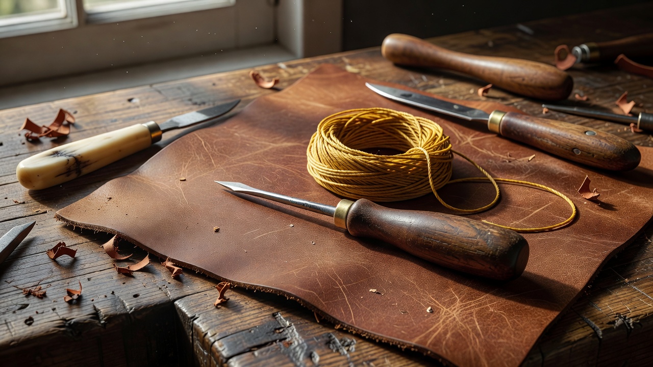 Leatherworking tools including a stitching awl and waxed thread resting on a piece of tanned leather